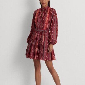 Lauren Ralph Lauren Black Label Dress Geo-Stripe Belted Cotton Voile Dress Sz 12